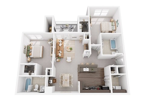 A 3D floor plan of an apartment with a kitchen, living room, and bedrooms.
